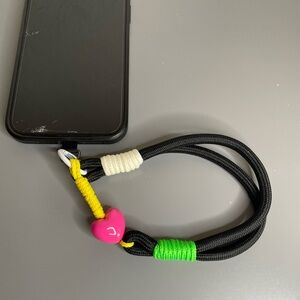 Black Phone Wrist Lanyard with Neon Accents and Pink Heart Bead